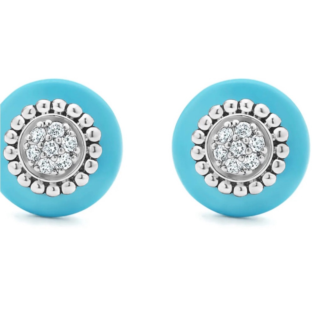 LAGOS Silver Diamond pave Blue Circle Caviar Earrings